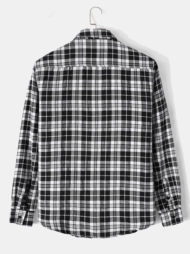 Camisa De Manga Larga Con Solapa Delantera Y Botones De Algodón Con Estampado De Cuadros Clásicos Para Hombre