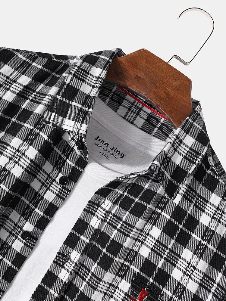 Camisa De Manga Larga Con Solapa Delantera Y Botones De Algodón Con Estampado De Cuadros Clásicos Para Hombre