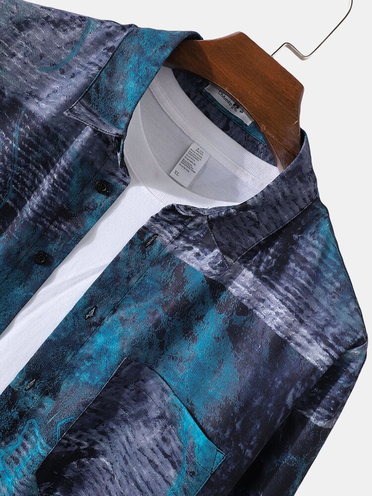 Camisa De Manga Larga Con Solapa De Diseñador Con Estampado De Teñido Anudado Y Textura Para Hombre