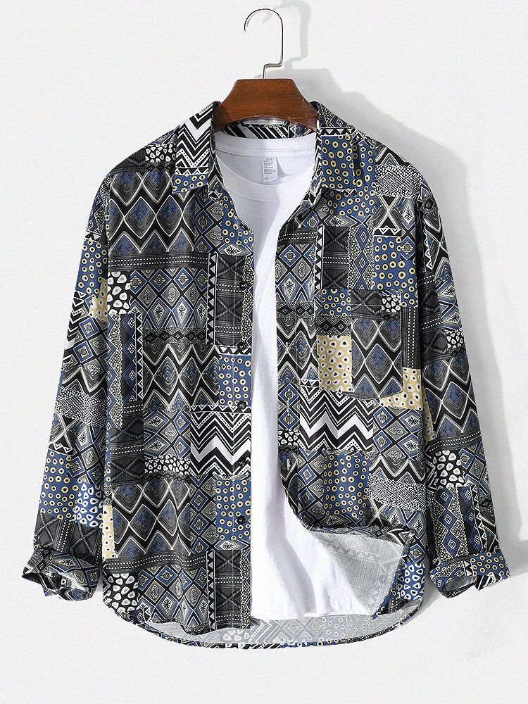 Camisa De Manga Larga Con Solapa De Estilo Étnico Con Patrón Tribal Mixto Para Hombre