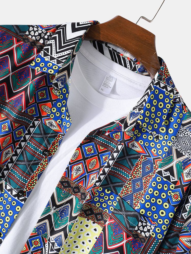 Camisa De Manga Larga Con Solapa De Estilo Étnico Con Patrón Tribal Mixto Para Hombre