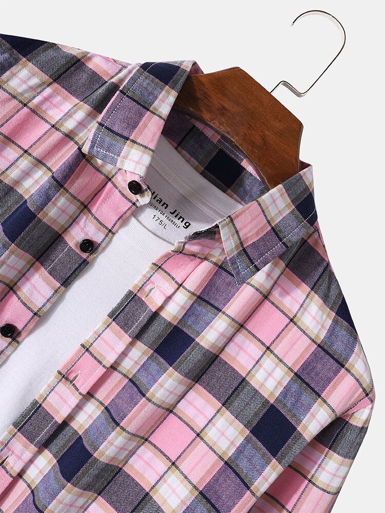 Camisa De Manga Larga Con Solapa Y Botones 100% Algodón Con Estampado A Cuadros Para Hombre