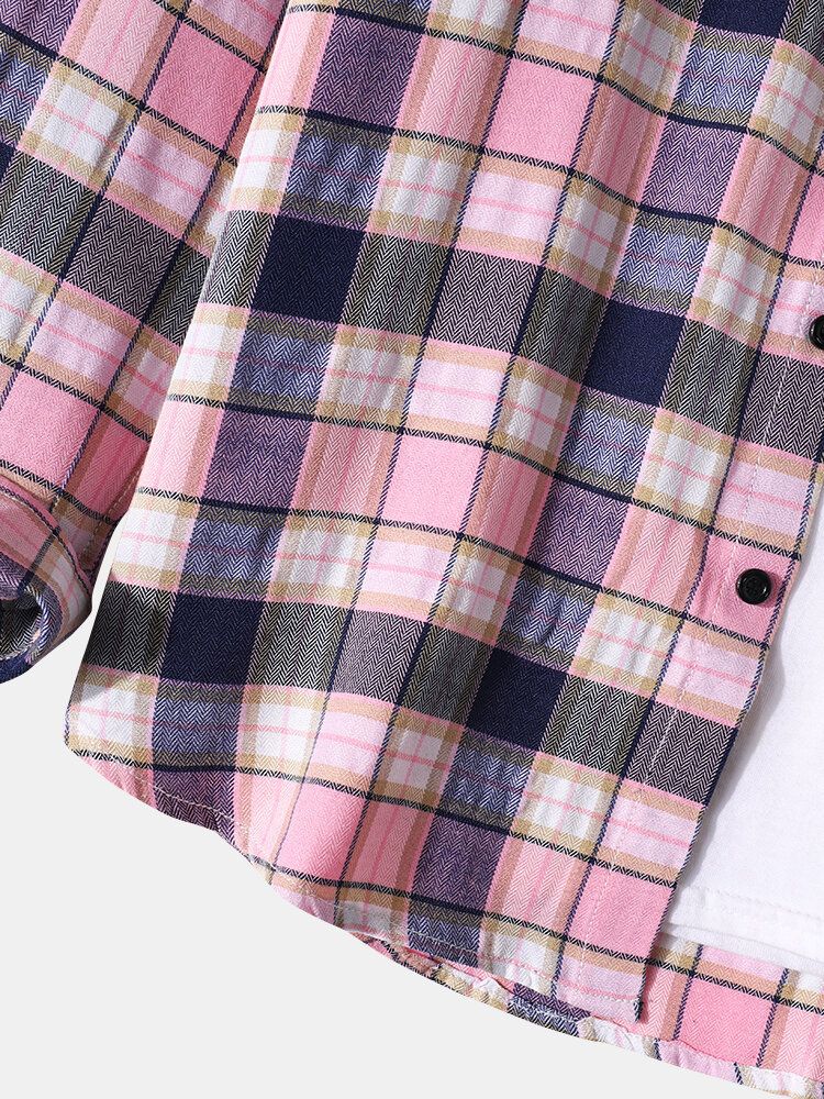 Camisa De Manga Larga Con Solapa Y Botones 100% Algodón Con Estampado A Cuadros Para Hombre