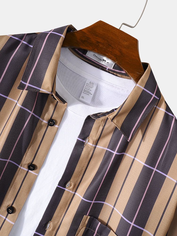 Camisa De Manga Larga Con Solapa Y Botones Con Estampado De Cuadros A Rayas Vintage Para Hombre