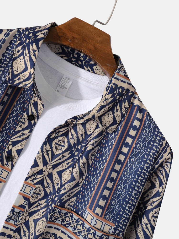 Camisa De Manga Larga Con Solapa Y Estampado Étnico Vintage Para Hombre