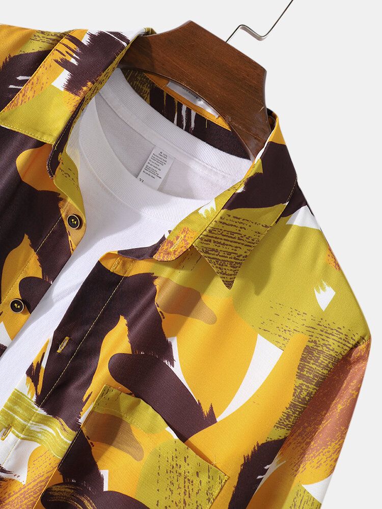 Camisa De Manga Larga Con Solapa Y Estampado Integral Para Hombre Con Bolsillo