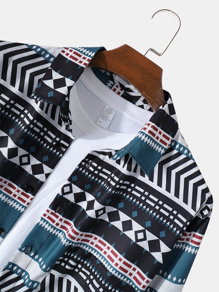 Camisa De Manga Larga Con Solapa Y Estampado Tribal De Estilo Étnico Para Hombre Con Bolsillo