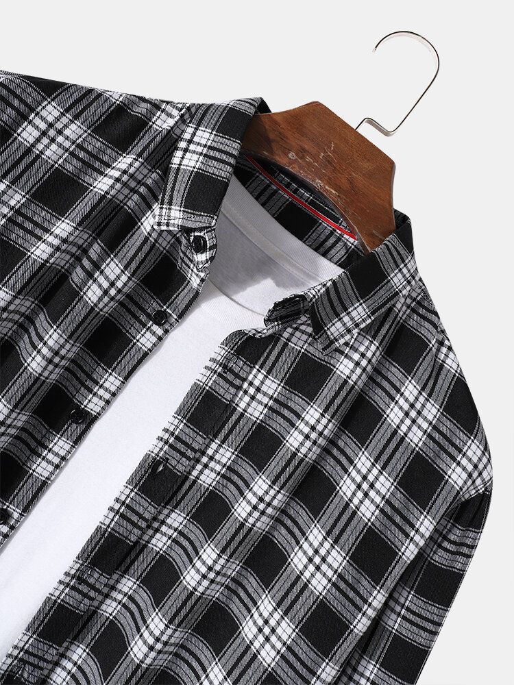 Camisa De Manga Larga Informal Con Solapa De Botón De Algodón 100% Estampado A Cuadros Para Hombre