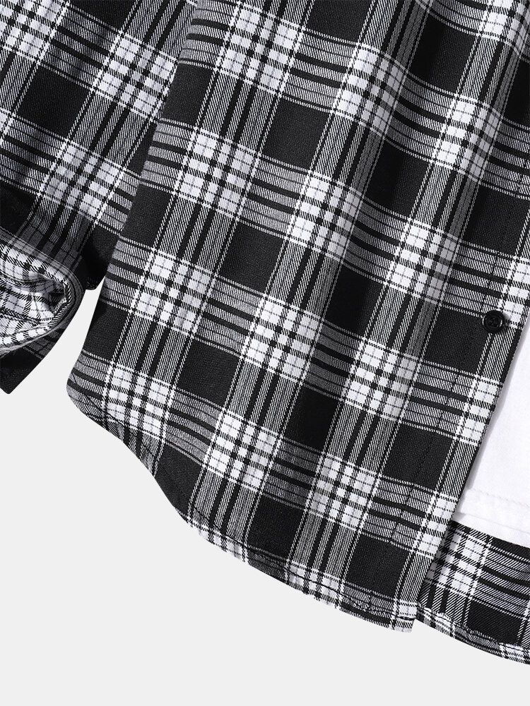 Camisa De Manga Larga Informal Con Solapa De Botón De Algodón 100% Estampado A Cuadros Para Hombre