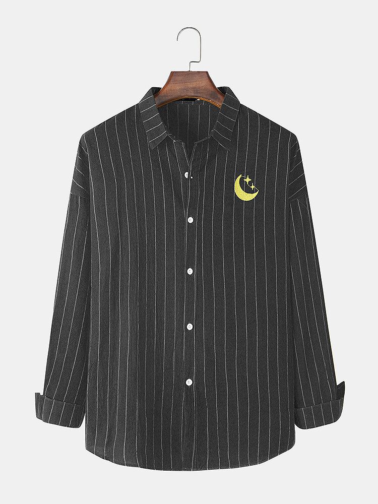 Camisa De Manga Larga Informal Con Solapa Y Botones Con Estampado De Rayas Bordadas Para Hombre