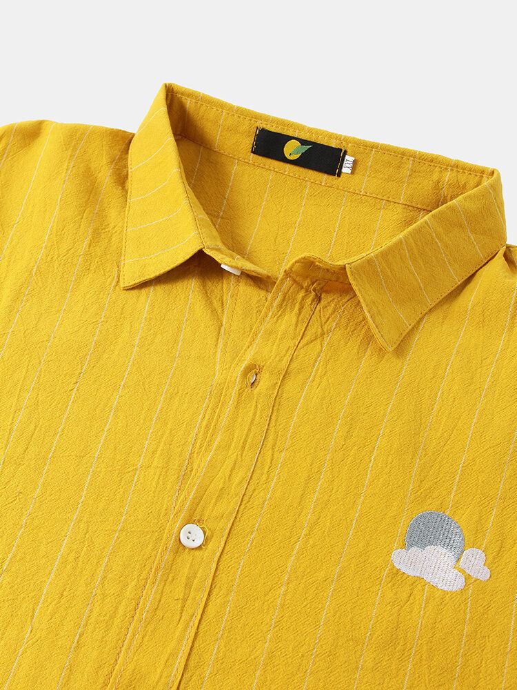 Camisa De Manga Larga Informal Con Solapa Y Botones Con Estampado De Rayas Bordadas Para Hombre