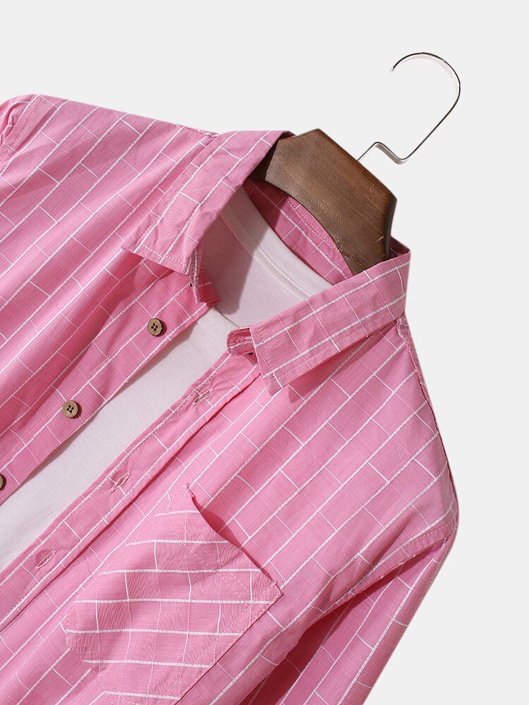 Camisa De Manga Larga Ligera Con Botones Y Solapa De Algodón Con Estampado De Cuadros Irregulares Para Hombre Con Bolsillo