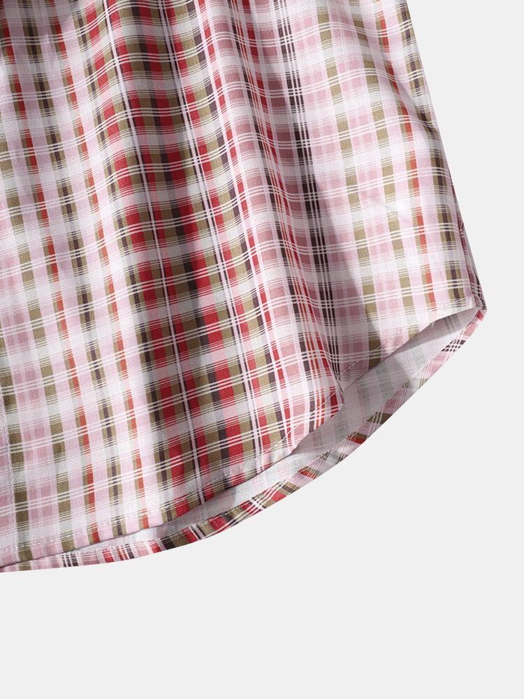 Camisa De Manga Larga De Solapa Con Estampado De Cuadros A Cuadros A Rayas Para Hombre