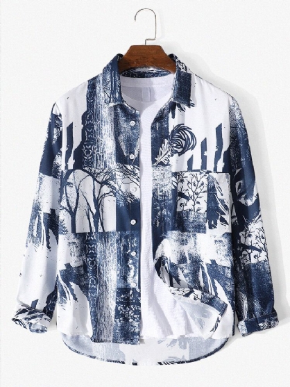 Camisa De Manga Larga De Solapa Con Estampado De Pintura Abstracta Mixta Para Hombre