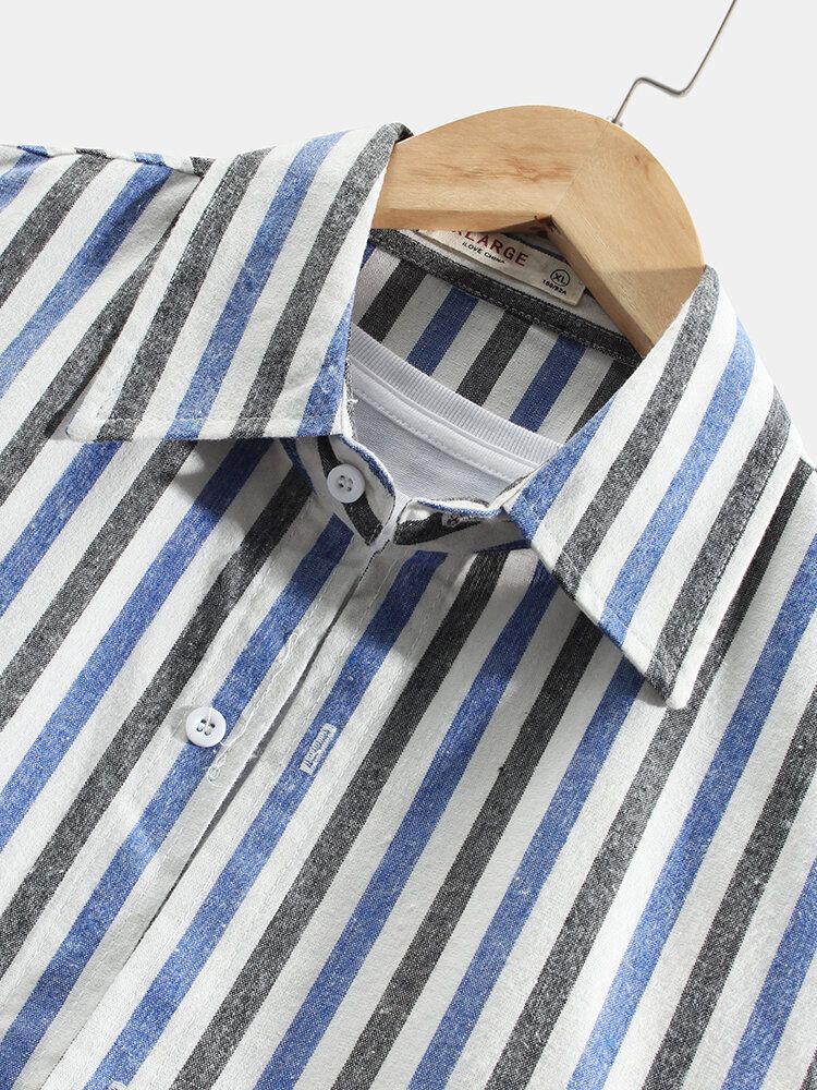 Camisa De Manga Larga De Solapa Informal Con Estampado De Rayas Verticales Para Hombre