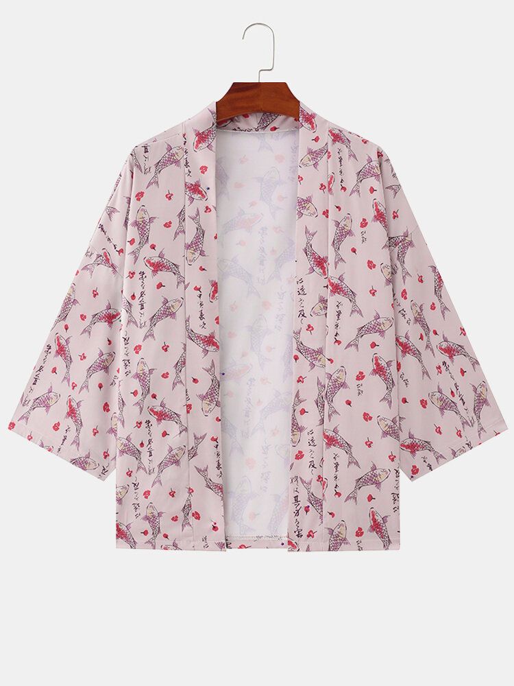 Camisa De Manga Tres Cuartos Con Estampado De Peces De Dibujos Animados De Estilo Japonés Para Hombre