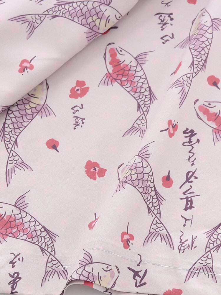 Camisa De Manga Tres Cuartos Con Estampado De Peces De Dibujos Animados De Estilo Japonés Para Hombre