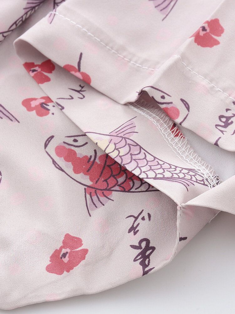 Camisa De Manga Tres Cuartos Con Estampado De Peces De Dibujos Animados De Estilo Japonés Para Hombre