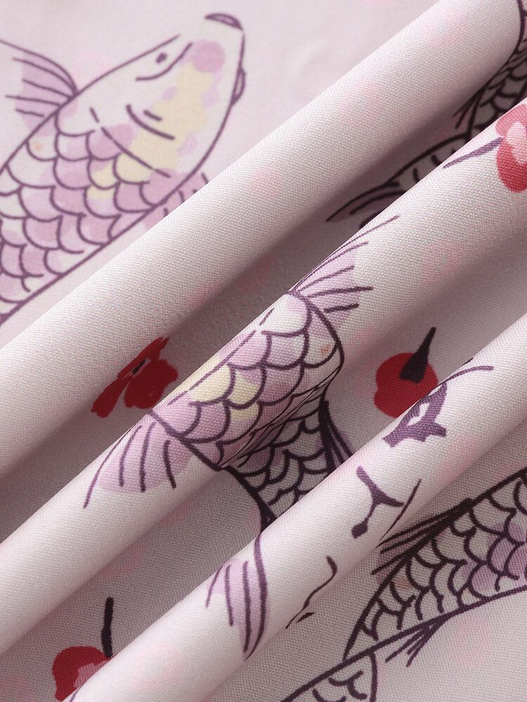 Camisa De Manga Tres Cuartos Con Estampado De Peces De Dibujos Animados De Estilo Japonés Para Hombre