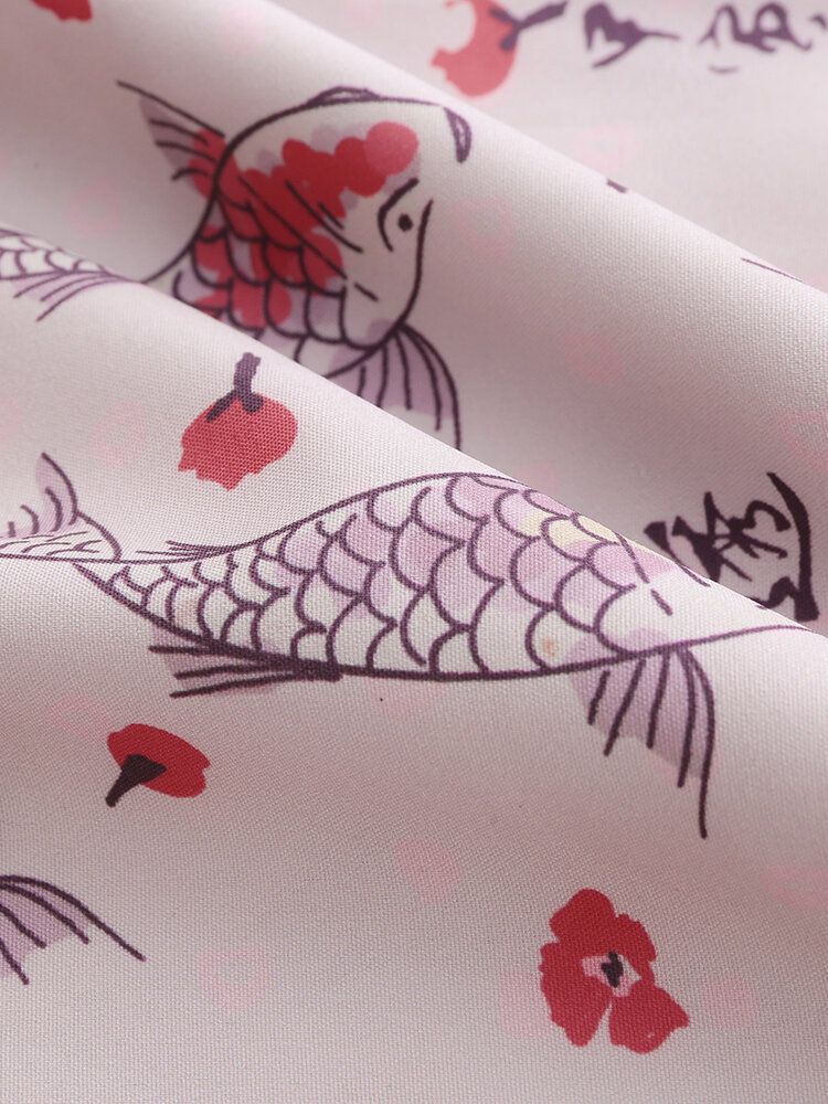 Camisa De Manga Tres Cuartos Con Estampado De Peces De Dibujos Animados De Estilo Japonés Para Hombre