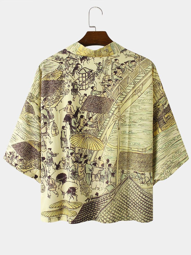 Camisa De Manga Tres Cuartos De Estilo Japonés De Estilo Étnico Para Hombre