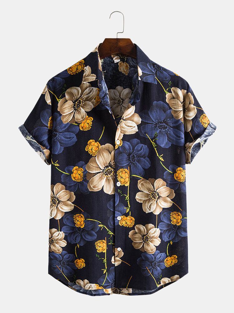 Camisa Navideña Con Solapa Y Dobladillo Curvo Con Gráficos De Flores Para Hombre