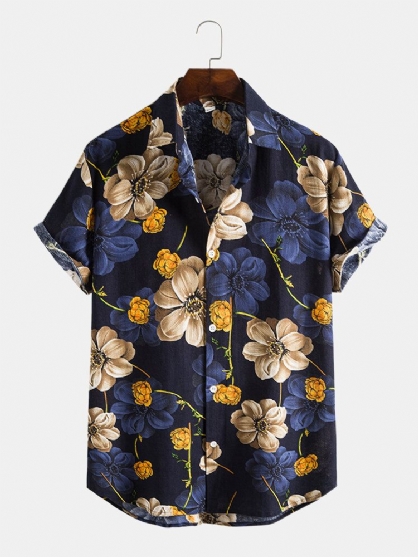 Camisa Navideña Con Solapa Y Dobladillo Curvo Con Gráficos De Flores Para Hombre