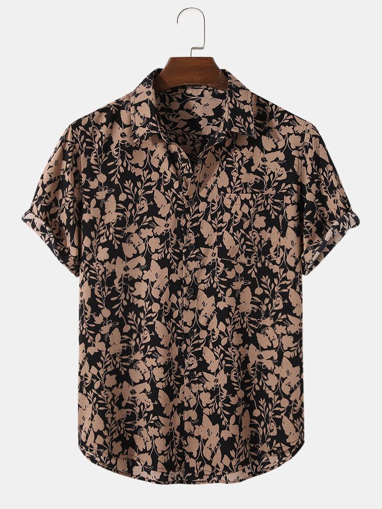 Camisa Navideña De Manga Corta Con Solapa Y Estampado Floral Vintage Para Hombre