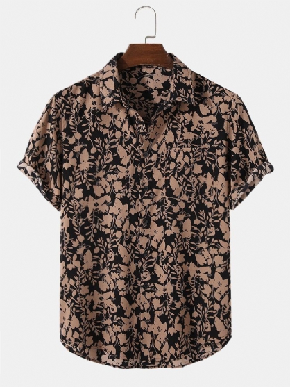 Camisa Navideña De Manga Corta Con Solapa Y Estampado Floral Vintage Para Hombre