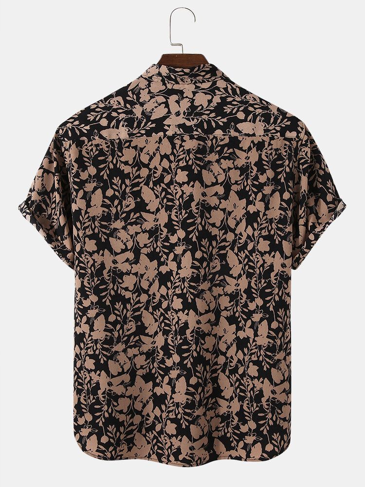 Camisa Navideña De Manga Corta Con Solapa Y Estampado Floral Vintage Para Hombre