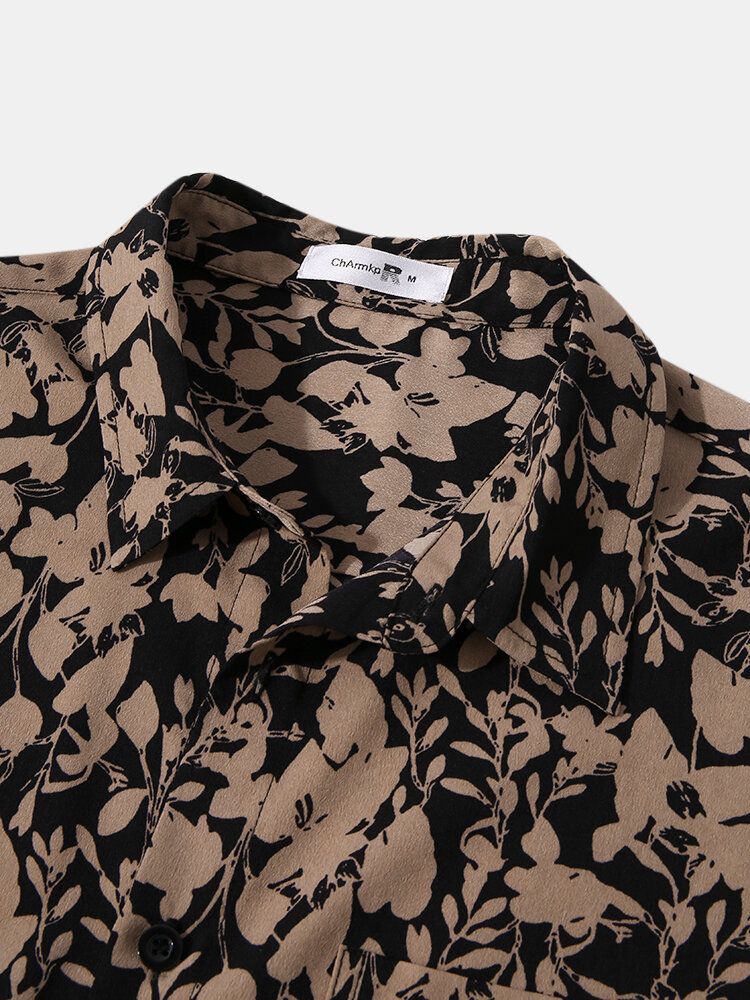 Camisa Navideña De Manga Corta Con Solapa Y Estampado Floral Vintage Para Hombre