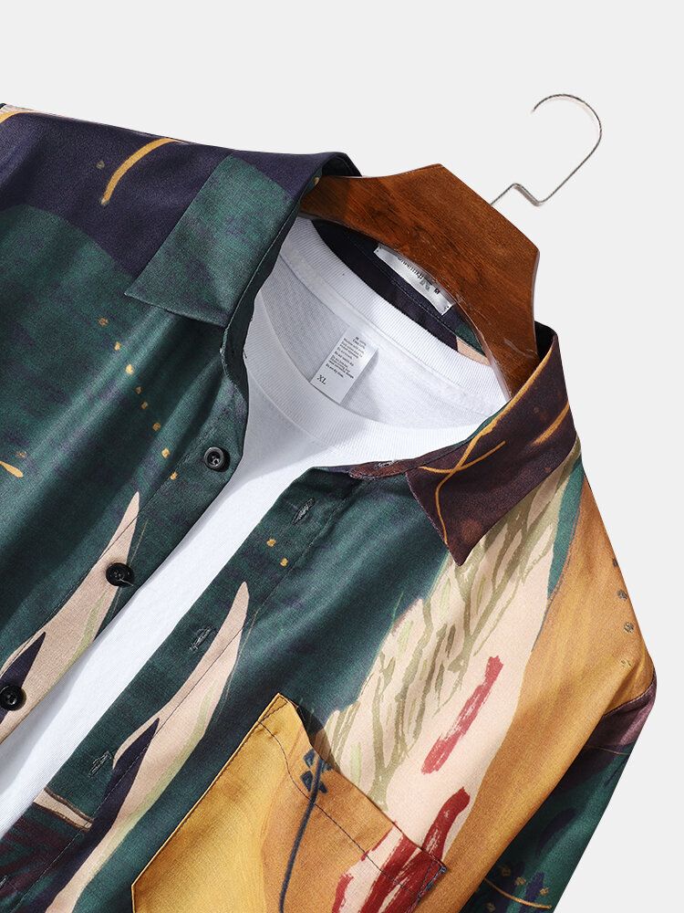 Camisa De Ocio Con Bolsillo En El Pecho Con Solapa Y Estampado Abstracto Vintage Para Hombre