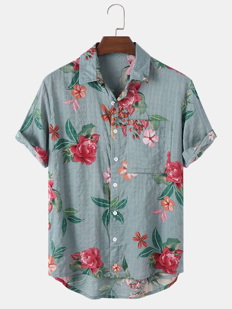 Camisa De Solapa De Bolsillo Con Estampado De Flores 100% Algodón Para Hombre