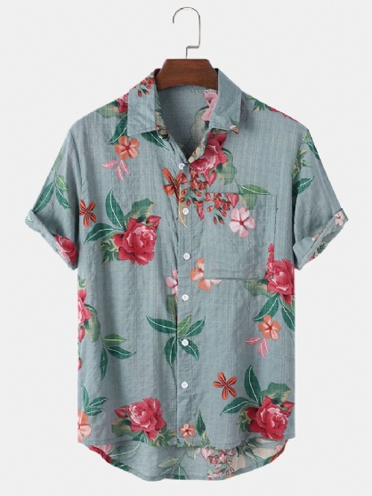 Camisa De Solapa De Bolsillo Con Estampado De Flores 100% Algodón Para Hombre