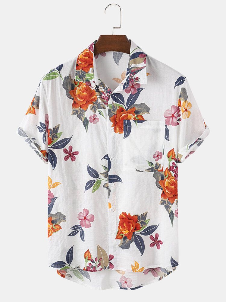 Camisa De Solapa De Bolsillo Con Estampado De Flores 100% Algodón Para Hombre