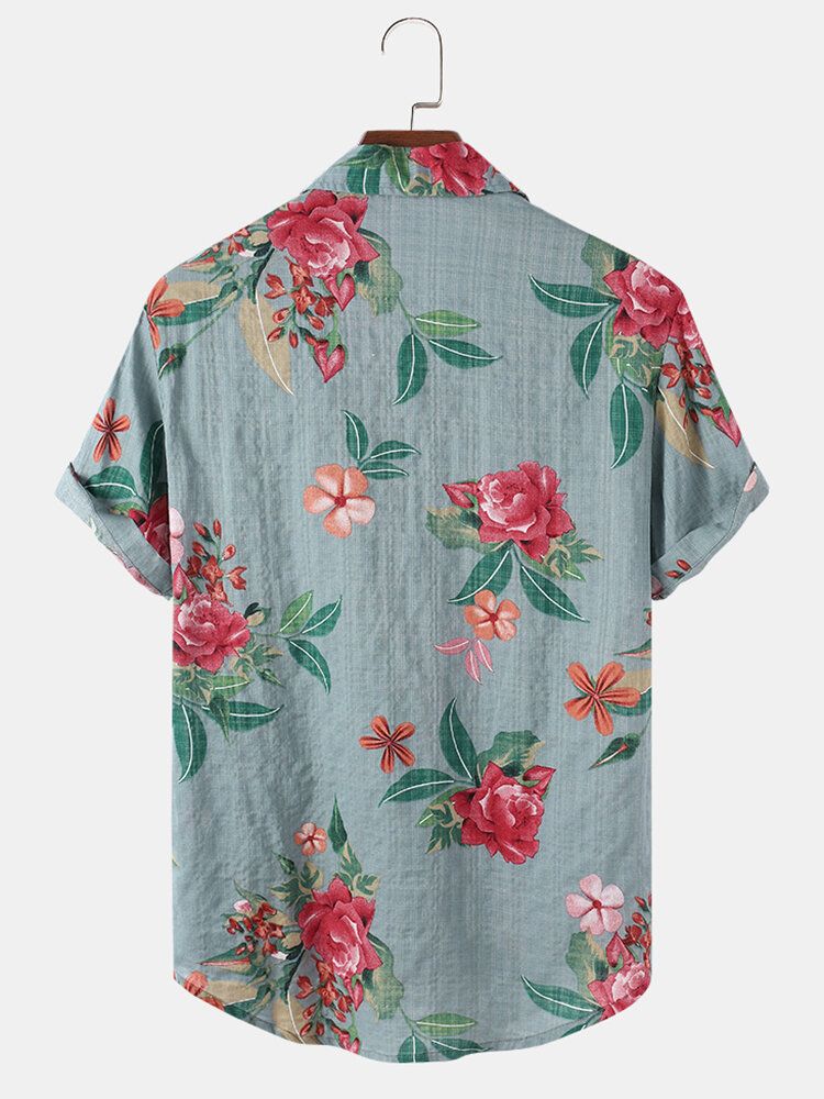 Camisa De Solapa De Bolsillo Con Estampado De Flores 100% Algodón Para Hombre