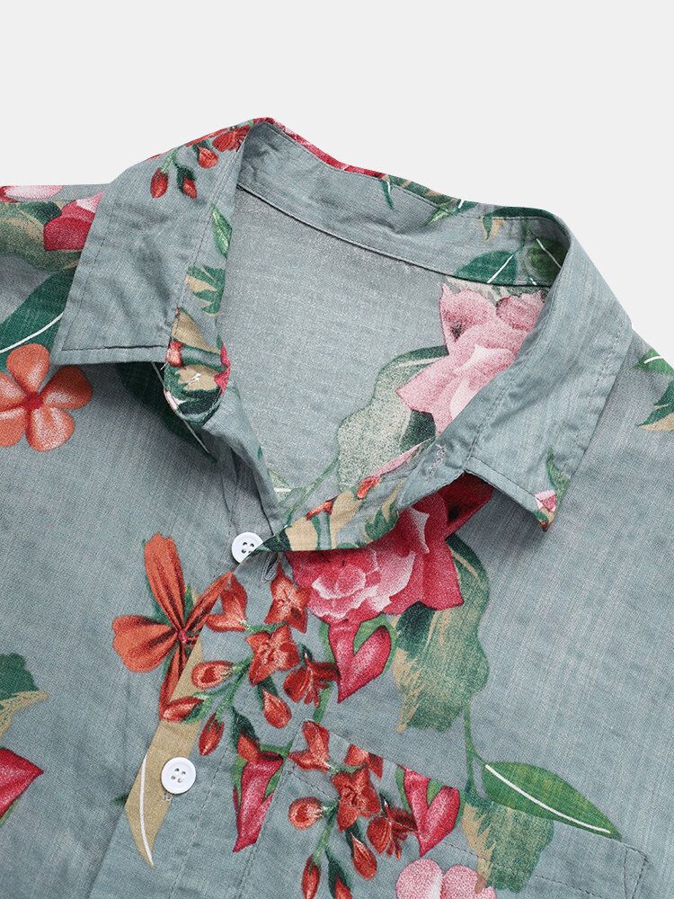 Camisa De Solapa De Bolsillo Con Estampado De Flores 100% Algodón Para Hombre