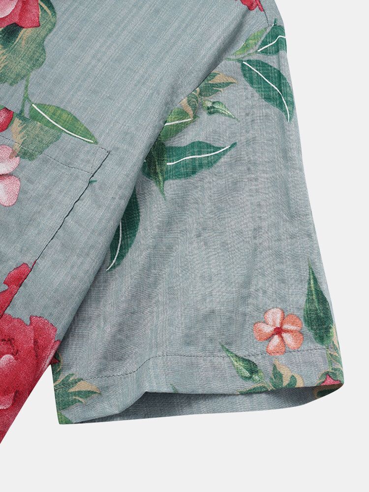 Camisa De Solapa De Bolsillo Con Estampado De Flores 100% Algodón Para Hombre