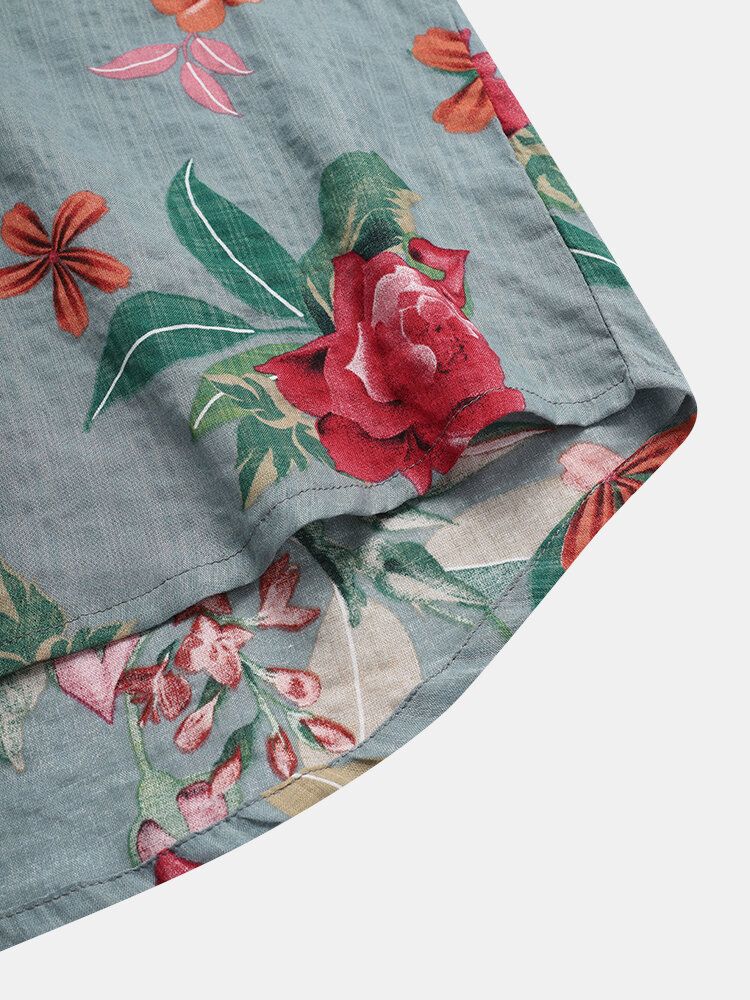 Camisa De Solapa De Bolsillo Con Estampado De Flores 100% Algodón Para Hombre