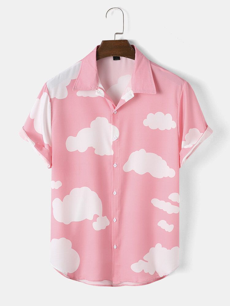 Camisa De Solapa Curativa Cómoda De Cielo Y Nubes Blancas Para Hombre