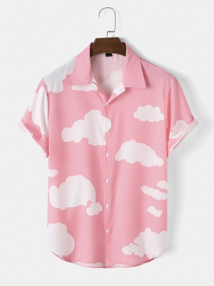 Camisa De Solapa Curativa Cómoda De Cielo Y Nubes Blancas Para Hombre