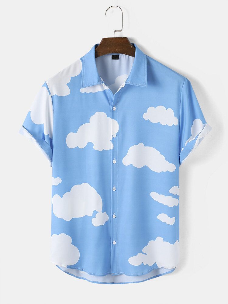 Camisa De Solapa Curativa Cómoda De Cielo Y Nubes Blancas Para Hombre