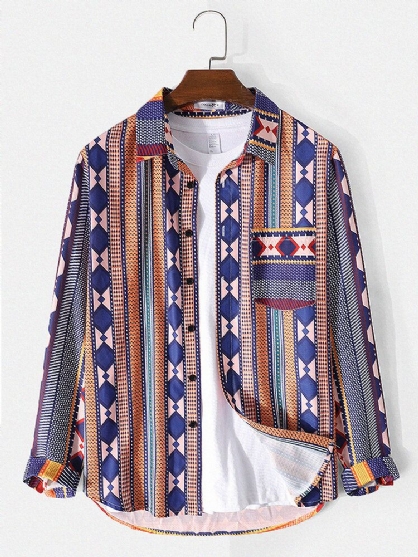 Camisa De Solapa De Diseñador De Estilo Étnico Con Patrón Tribal Para Hombre Con Bolsillo