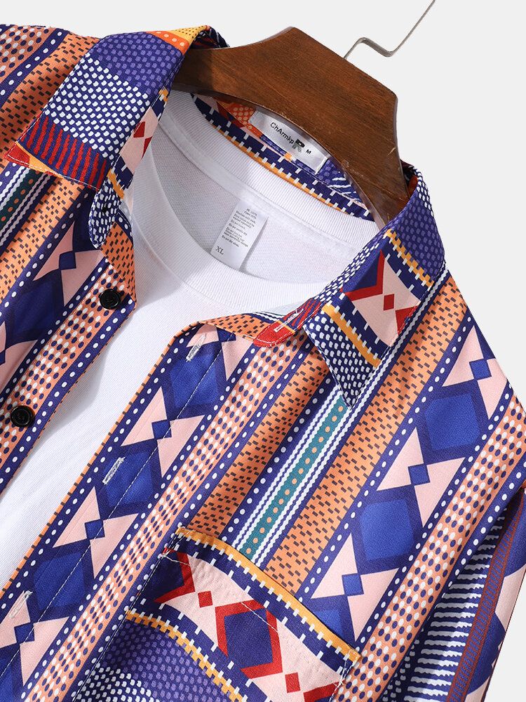 Camisa De Solapa De Diseñador De Estilo Étnico Con Patrón Tribal Para Hombre Con Bolsillo