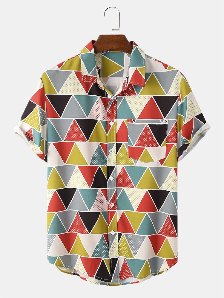 Camisa De Solapa De Manga Corta Con Estampado Geométrico De Bloques De Color Para Hombre