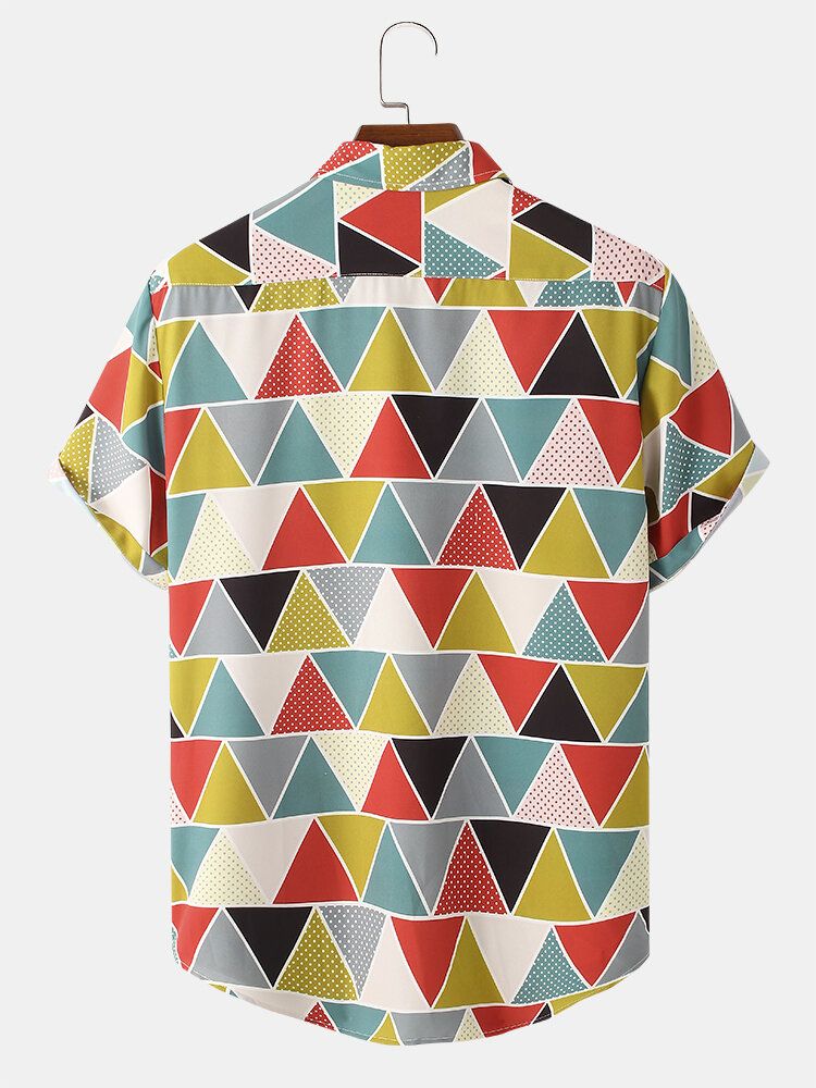 Camisa De Solapa De Manga Corta Con Estampado Geométrico De Bloques De Color Para Hombre