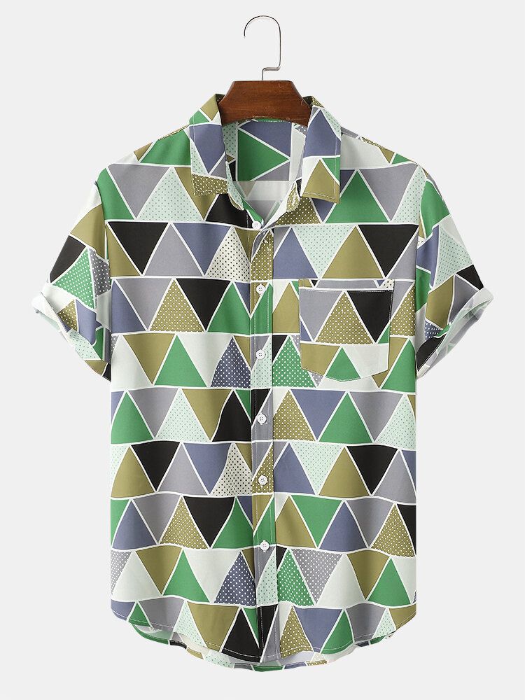 Camisa De Solapa De Manga Corta Con Estampado Geométrico De Bloques De Color Para Hombre