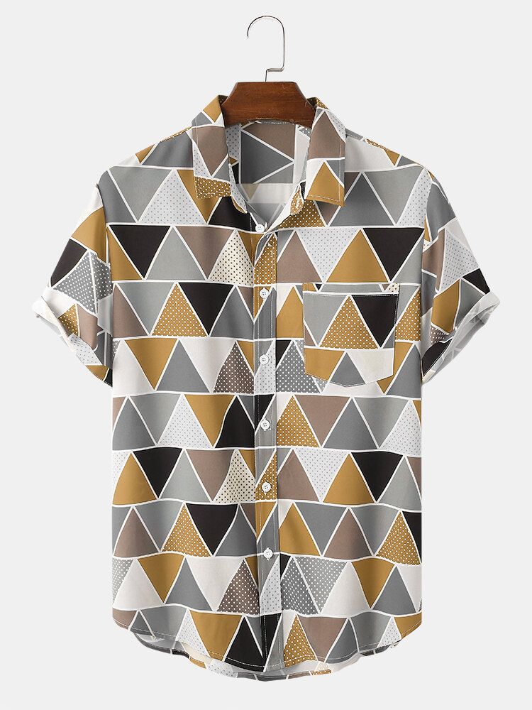 Camisa De Solapa De Manga Corta Con Estampado Geométrico De Bloques De Color Para Hombre