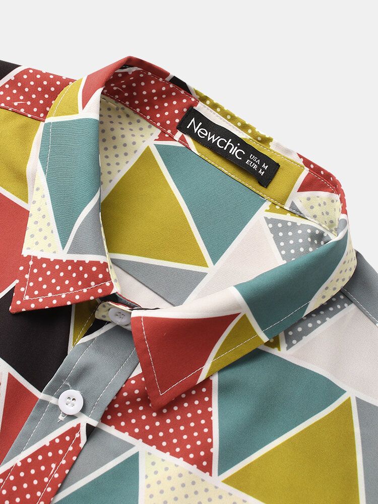 Camisa De Solapa De Manga Corta Con Estampado Geométrico De Bloques De Color Para Hombre