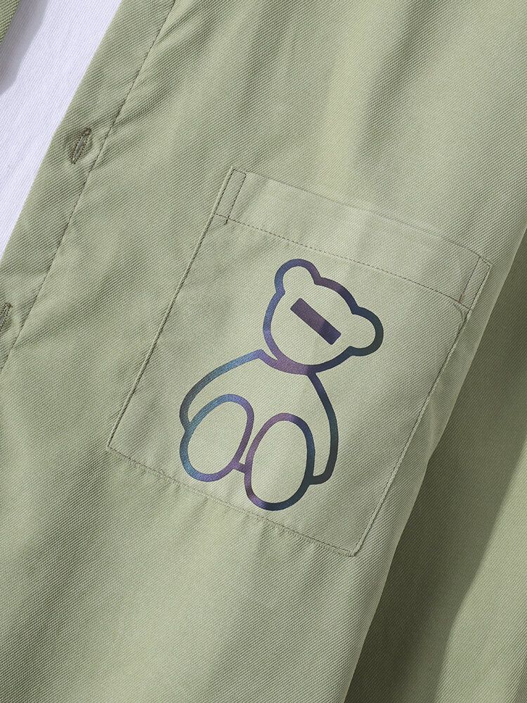 Camisa De Solapa De Manga Larga De Algodón Con Bolsillo De Oso De Color Sólido Para Hombre